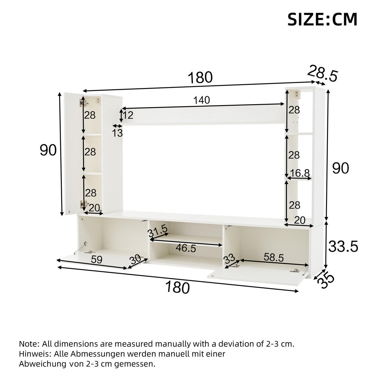 TV-WOHNWAND-SET(KOMPLETT-SET, 4-St) 180/35/33,5 cm aus Spanplatte mit flexibler Wand- und Standmontage Weiß - Weiß, Holzwerkstoff (180/33.5/35cm) - Modenvie