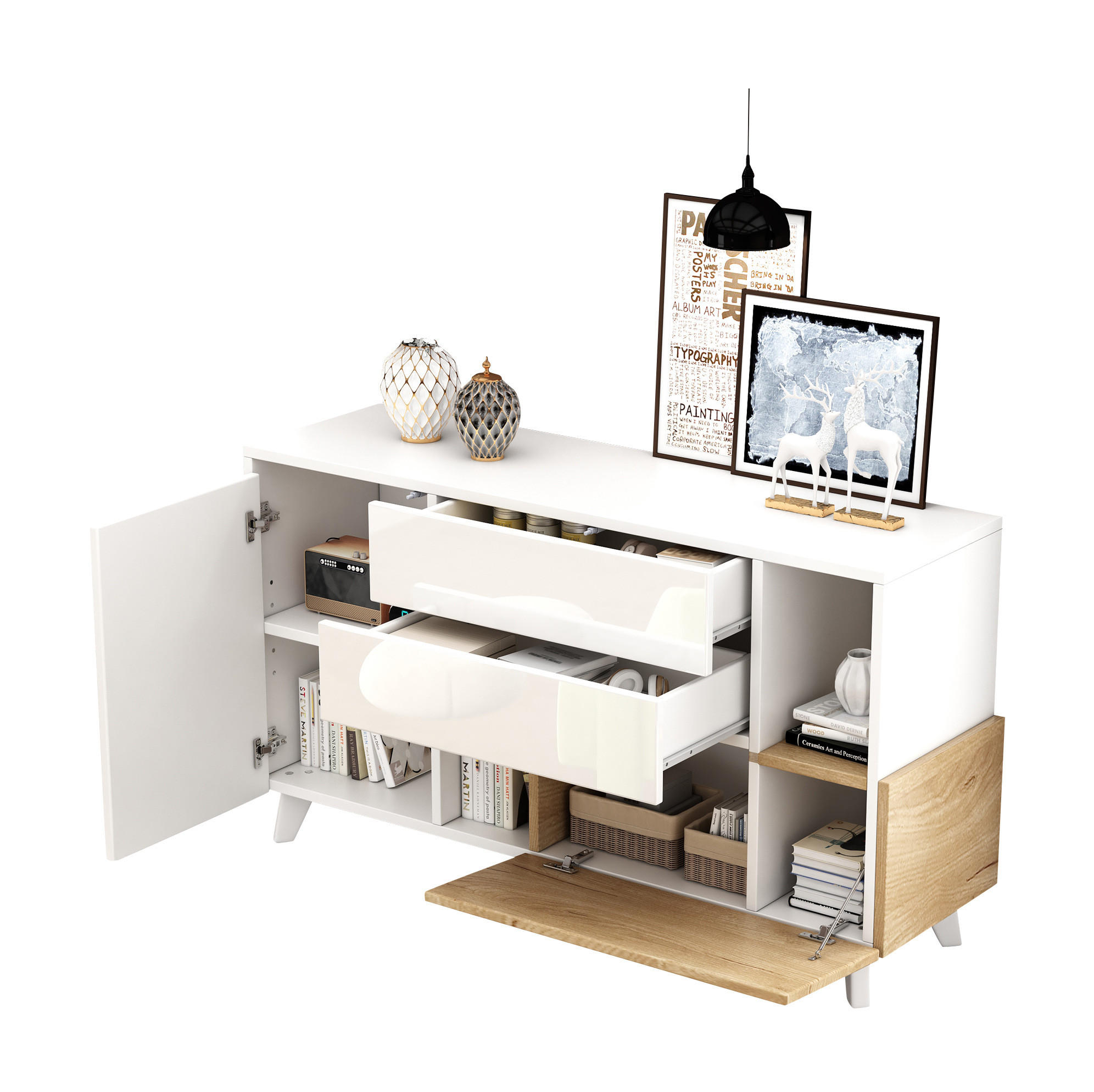 SIDEBOARD 130/40/70 cm Weiß/Eichefarben aus Spanplatte mit Stauraum - Weiß, Holzwerkstoff (40/70/130cm) - OKMYHOME