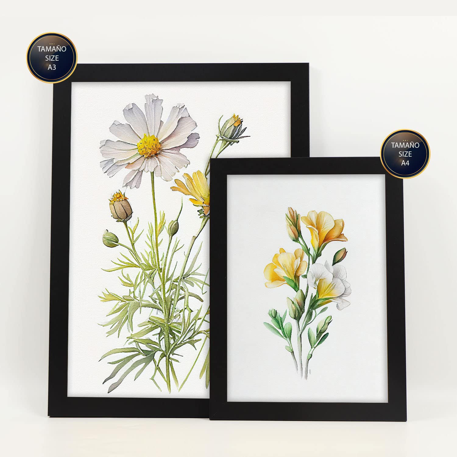 POSTER Set Mit 6 Gelbe Blumen Vollfarbige Natur Und Botanikdrucke Mit Blumenmotiven Auf Reinweißen Hintergründen A3 & A4 Schwarzer Rahmen - Schwarz, Papier (29/3cm) - Nacnic