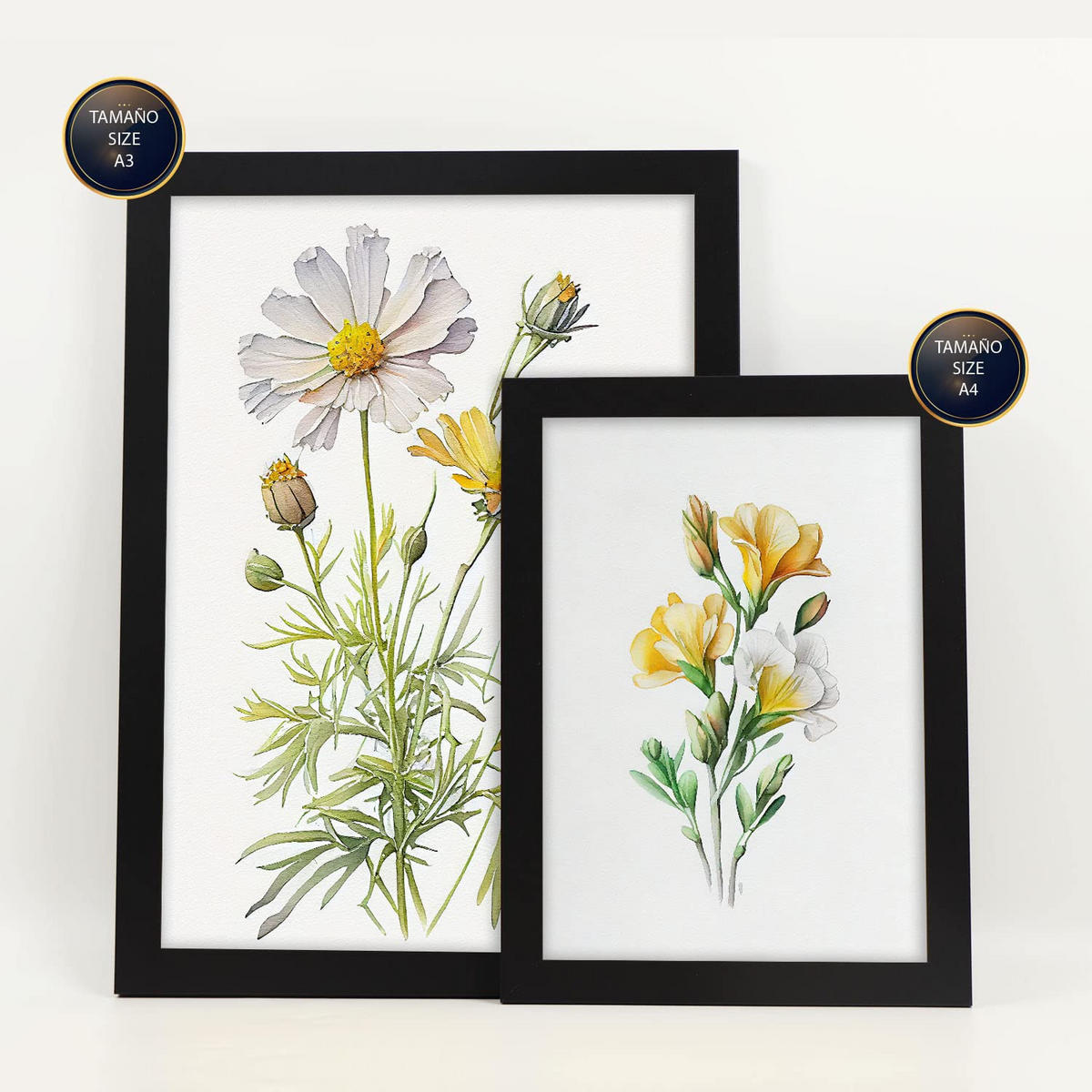 POSTER Set Mit 6 Gelbe Blumen Vollfarbige Natur Und Botanikdrucke Mit Blumenmotiven Auf Reinweißen Hintergründen A3 & A4 Schwarzer Rahmen - Schwarz, Papier (29/3cm) - Nacnic