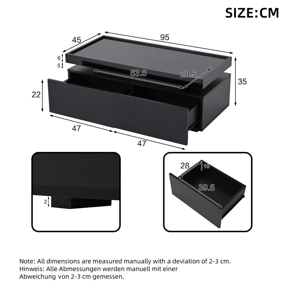 COUCHTISCH aus Spanplatte 95x45x35 cm in Schwarz mit LED & 2 Schubladen - Schwarz, Holzwerkstoff (95/45/35cm) - Modfu