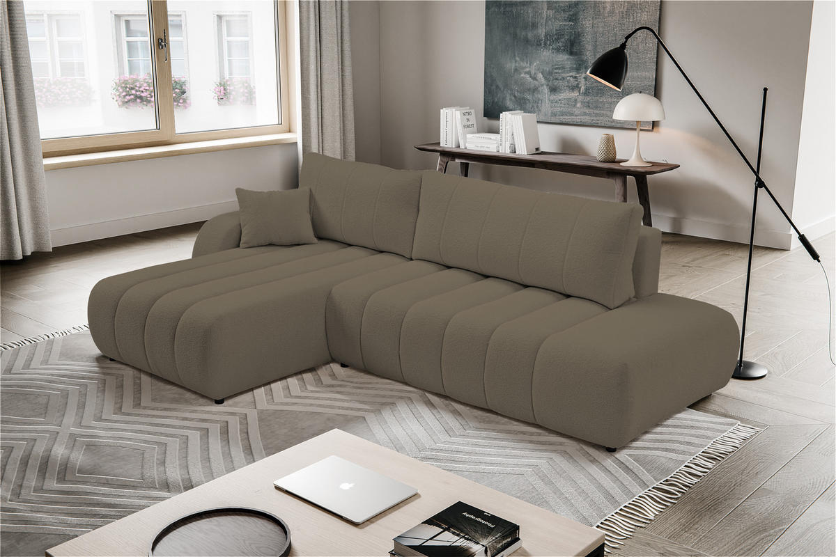 ECKSOFA Baloo mit Schlaffunktion und Bettkasten, komfortable Polsterung, Stoffbezug, lose Rückenkissen, freistehend, LINKS, 176x276x88 cm, Light brown - Hellbraun, Holz/Textil (176/276cm) - DomoHome