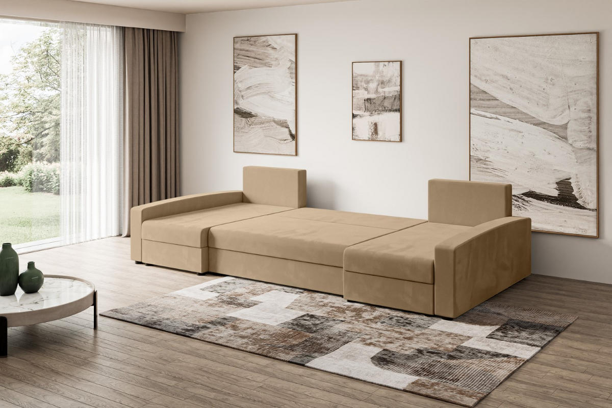 WOHNLANDSCHAFT mit Schlaffunktion und Bettkasten ALESIA-U 301x140x90 cm Beige Velours - Beige/Silberfarben, Holzwerkstoff/Kunststoff (301/90/140cm) - ALTDECOR