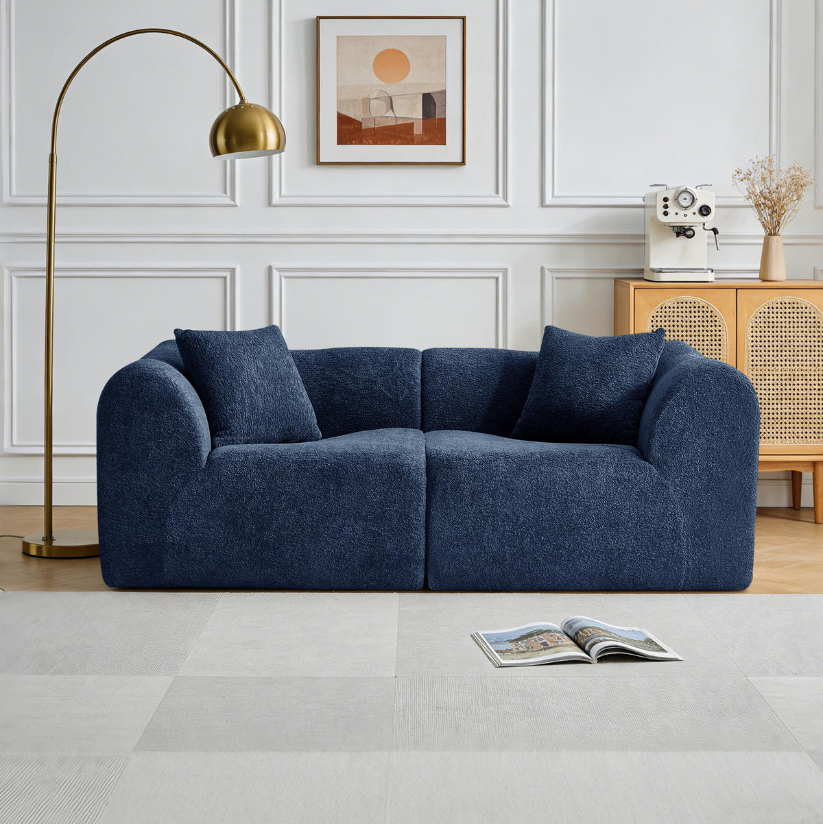 2-SITZER 193/87/67 cm blau aus Samt mit 2 Kissen - Blau, Textil (87/67/193cm) - OKWISH