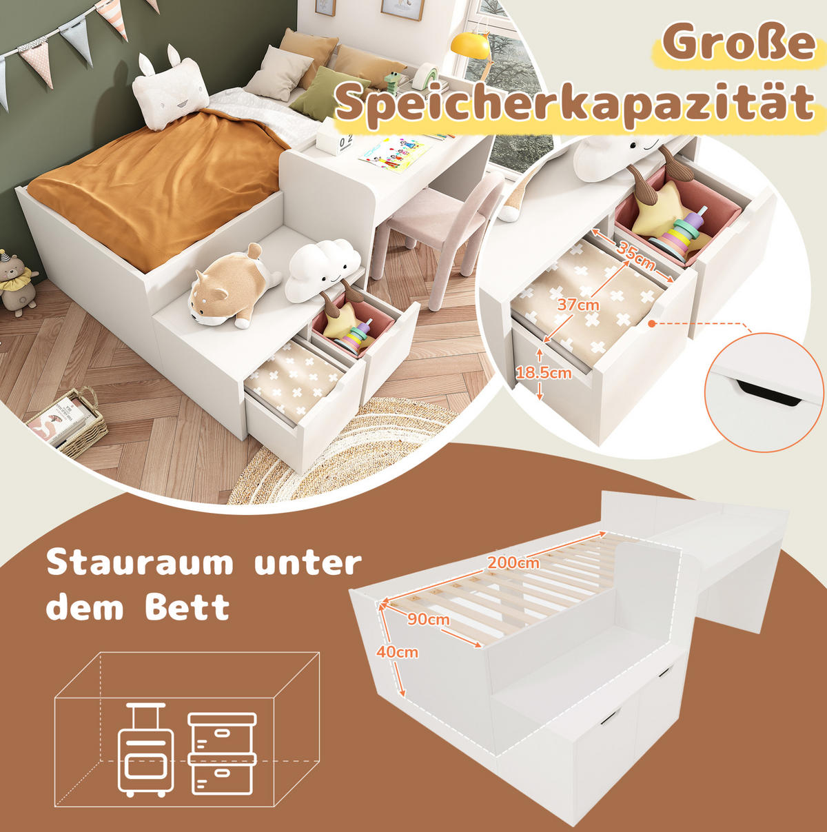 KINDERBETT 90/200 cm aus Kiefer-Massivholz und MDF mit Schreibtisch und 2 Schubladen Weiß - Weiß, Holzwerkstoff (90/200cm) - Modenvie