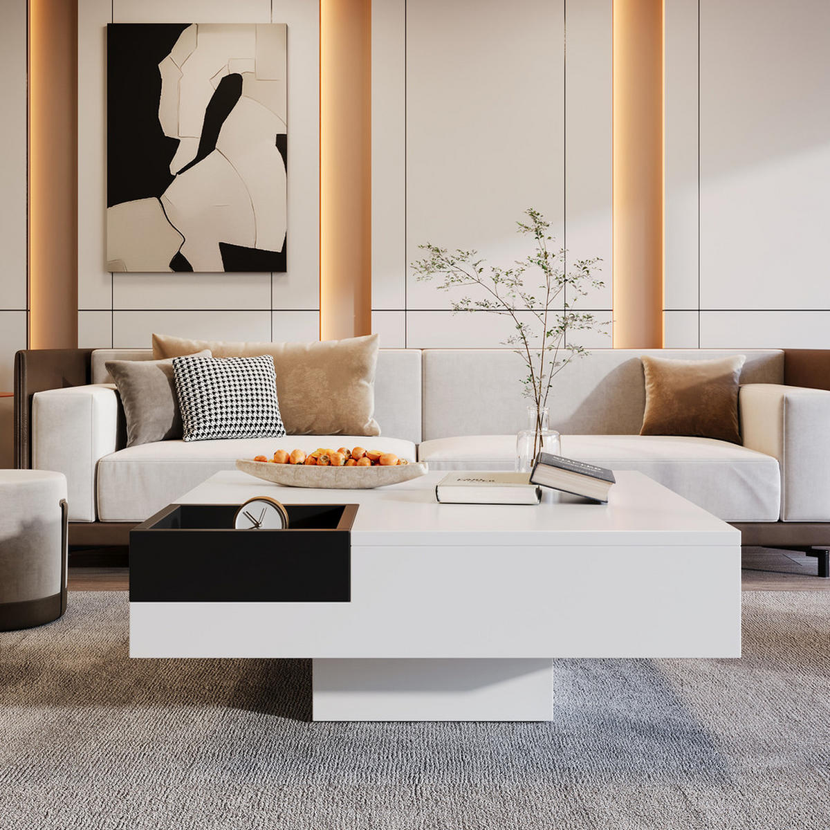 COUCHTISCH Hochglanz 72x72cm LED-Beleuchtung abnehmbare Box Weiß-Schwarz - Weiß, Holz (85.5/81/11.5cm) - FLIEKS