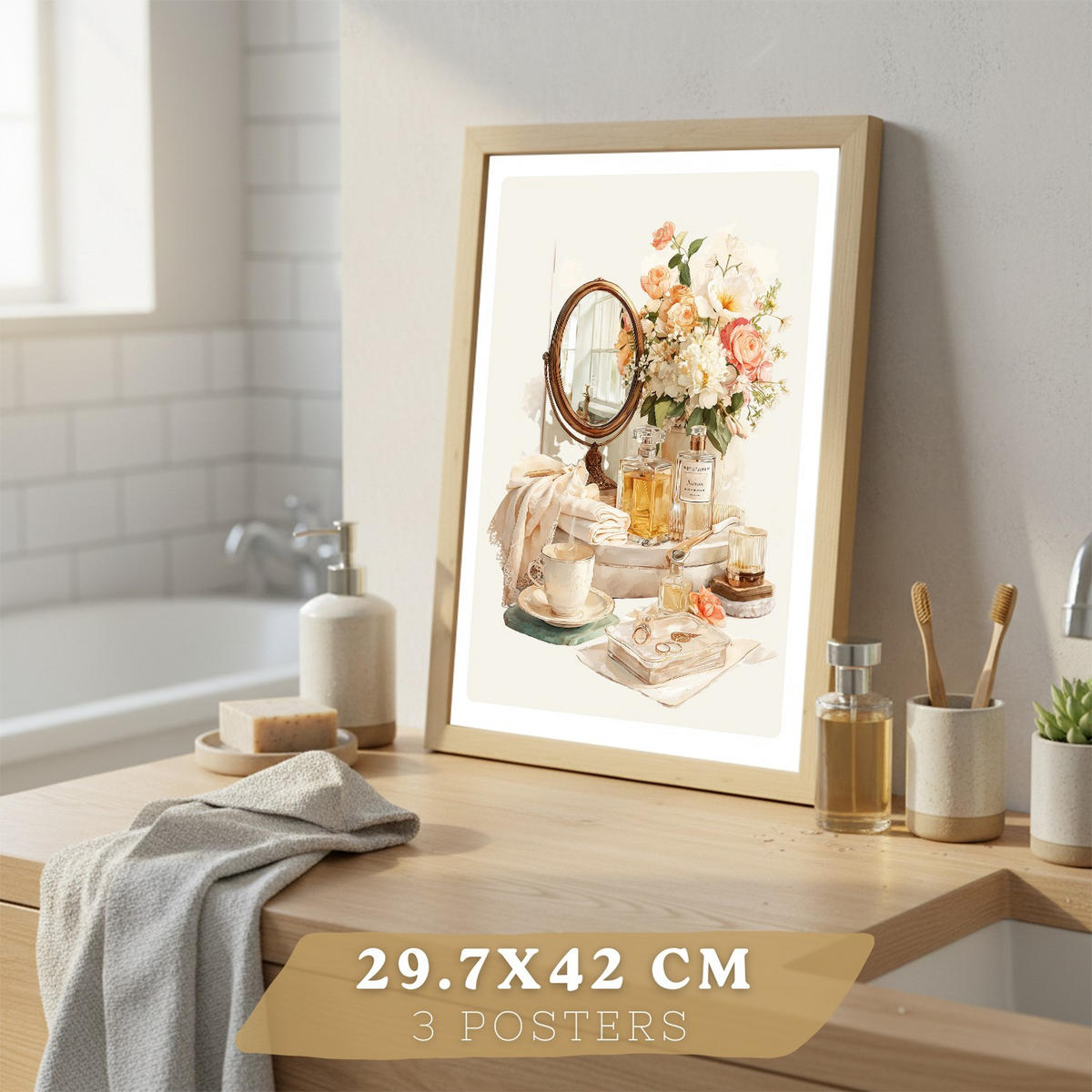 POSTER 3er-Set dekorative Badezimmer-Wandbilder und, Vintage-Stil für Waschbecken, Dusche, WC mit Badewanne, Blumen und Spiegel Leichter Holzrahmen A3 - Beige, Papier (42/29.7/3cm) - Nacnic