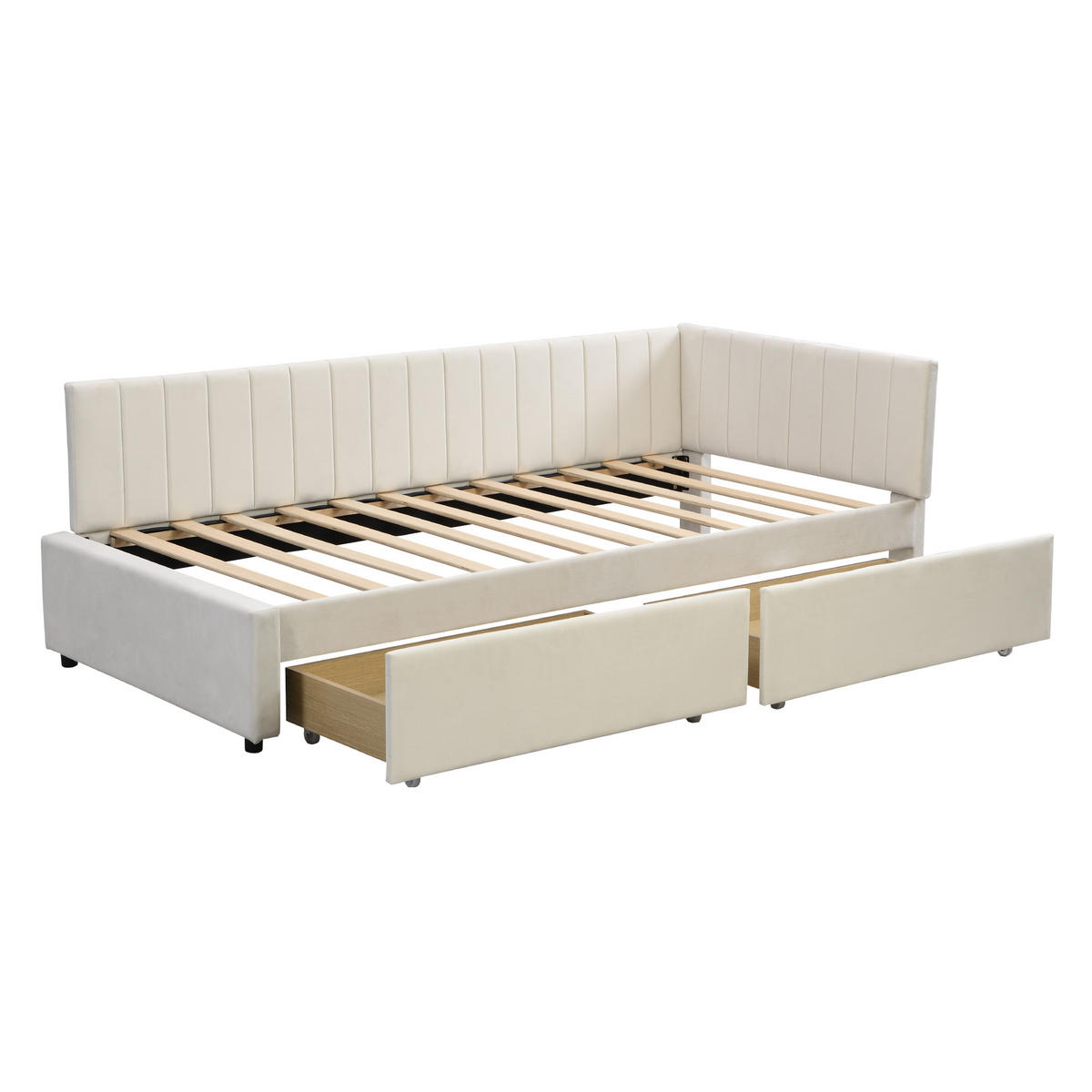 MULTIFUNKTIONSBETT 90/200 Beige mit Stauraum und Lattenrost aus Samt - Beige, Leder - OKWISH