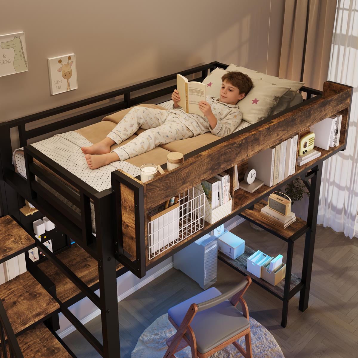 HOCHBETT 90/200 mit Eckschreibtisch, Stauraum und Lochplatte in Braun und Schwarz - Schwarz, Holzwerkstoff/Metall (140/200cm) - EVRYAE