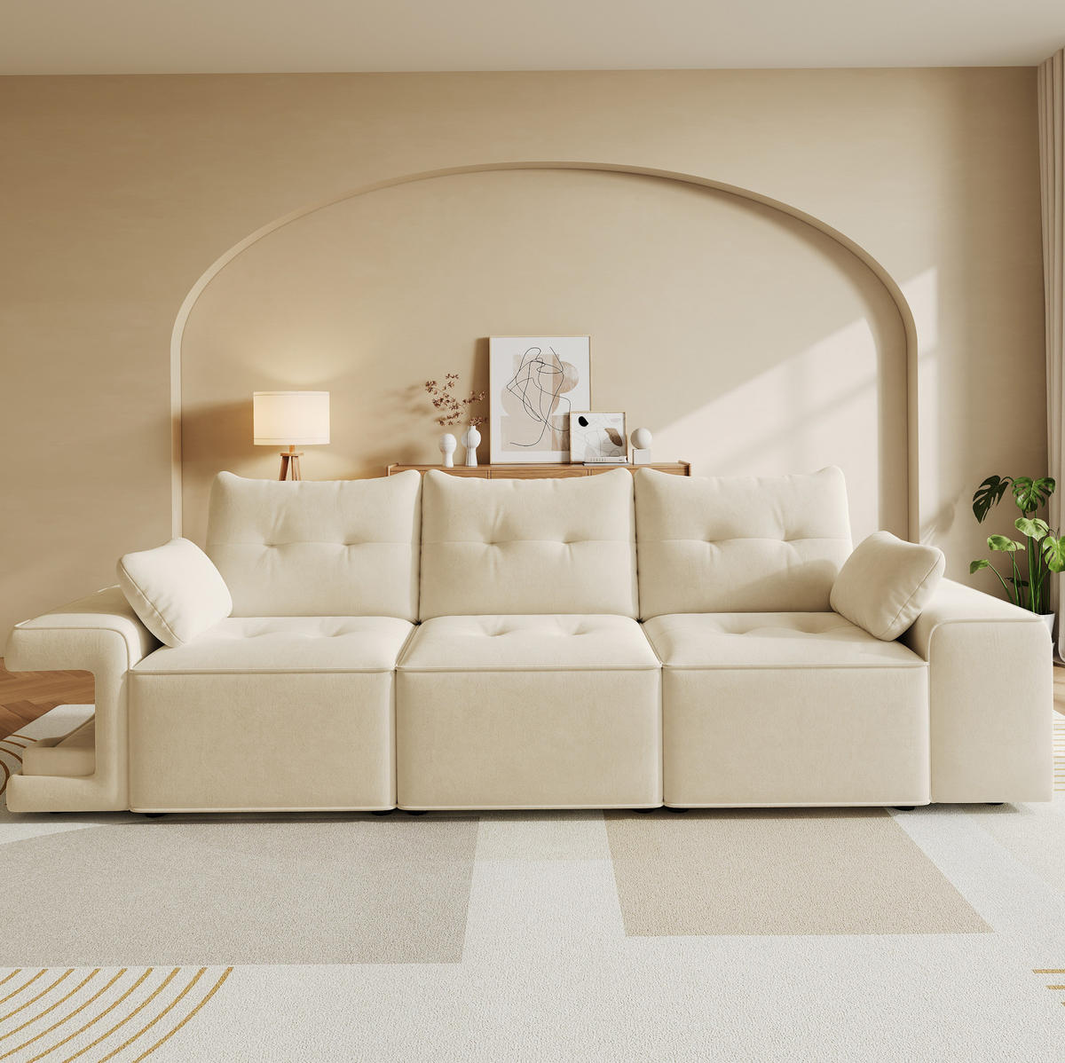 3-SITZER-SOFA aus Samt 229,5x78x84 cm Beige mit Stauraum und integrierten Haustiernischen - Beige, Textil (229.5/84/78cm) - Modfu