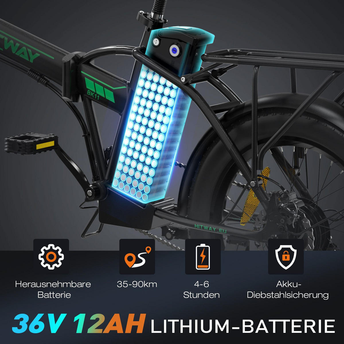 E-BIKE BK11 Klapprad 26 × 3,0 Zoll mit 36V12Ah Akku Max 35-90km - Grün, Metall (38cm) - HITWAY
