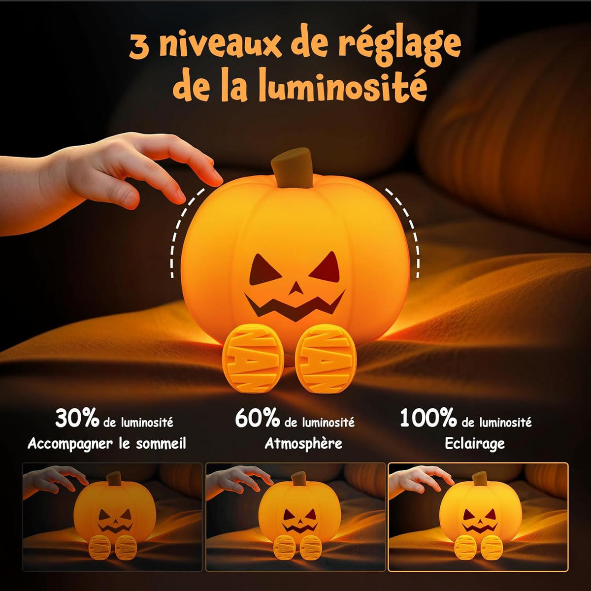 NIGHT LIGHT Kürbis Halloween Silikon Touch 3 Helligkeitsstufen wiederaufladbar für Kinder - Orange, Kunststoff (9.8/8/9.5cm)