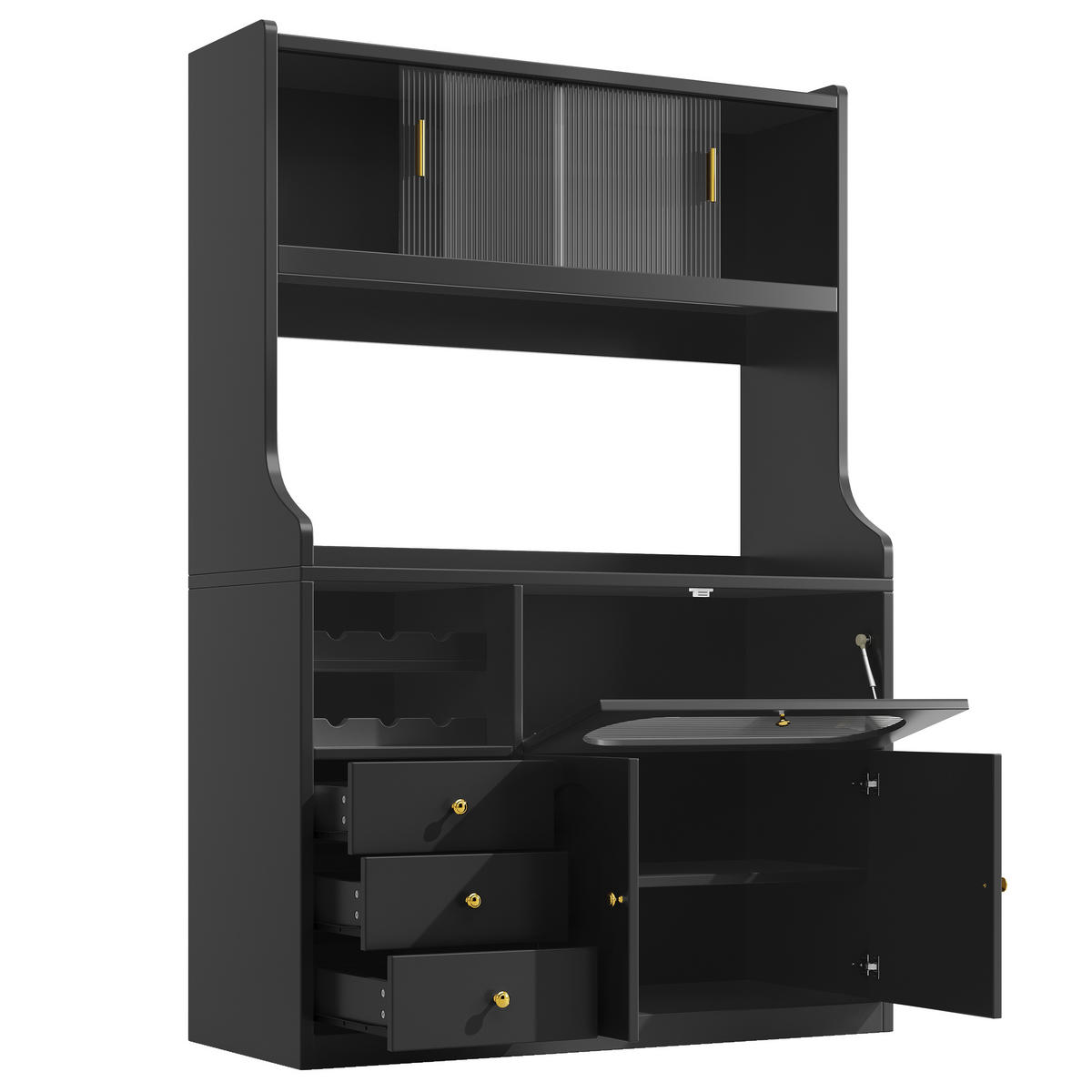 BUFFET DE-38487 120/40/180 cm mit LED-Beleuchtung und Weinregal Schwarz - Schwarz, Holzwerkstoff (120/180/40cm) - ComfortXL