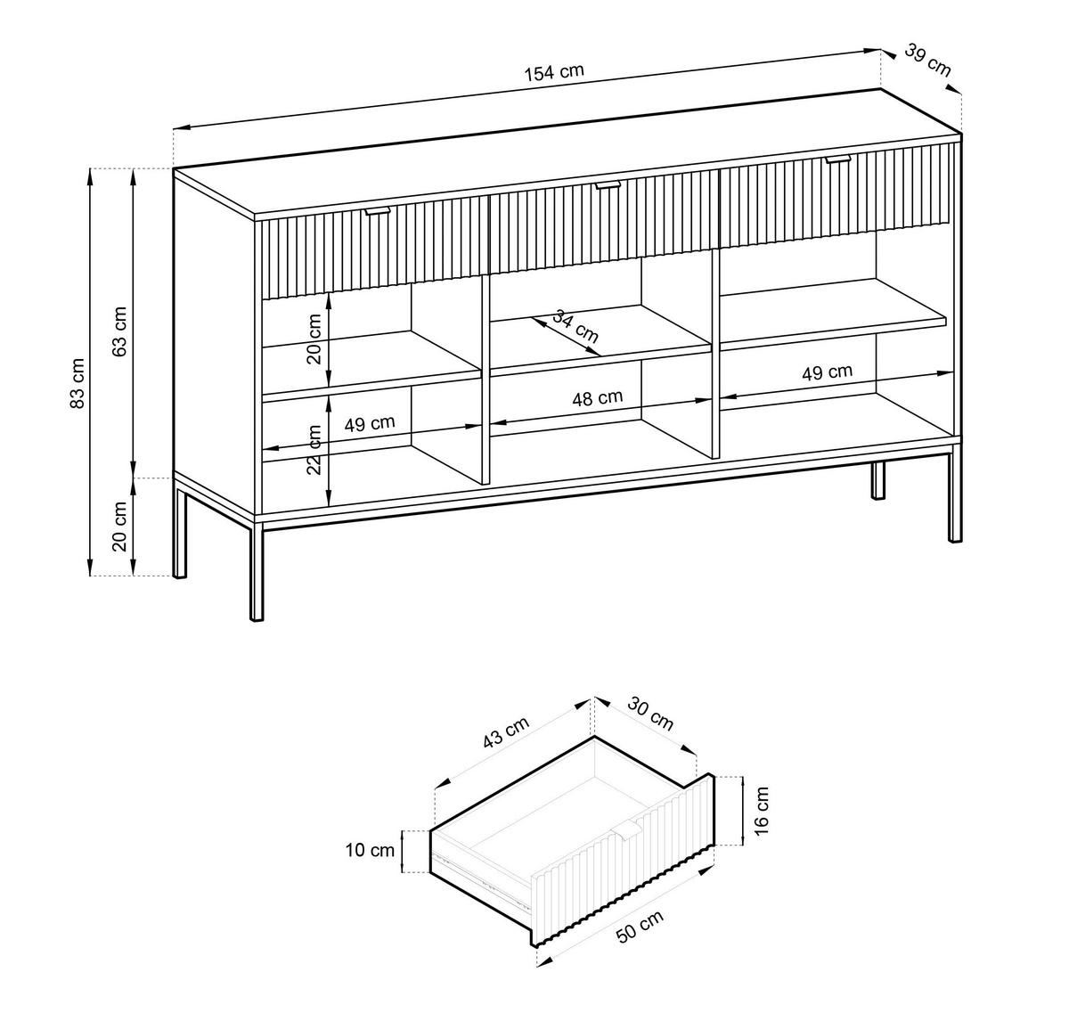SIDEBOARD Vellore Grau 154 cm - Goldfarben/Schwarz, Holzwerkstoff/Metall (154/83/39cm) - Selsey