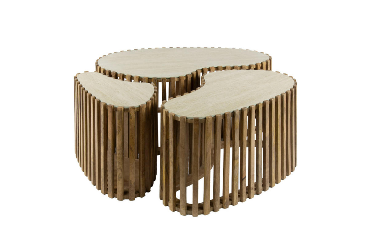 COUCHTISCH-SET LIMAY Weiß Keramik - Braun/Weiß, Mangoholz/Keramik (90/52/40cm) - KAWOLA