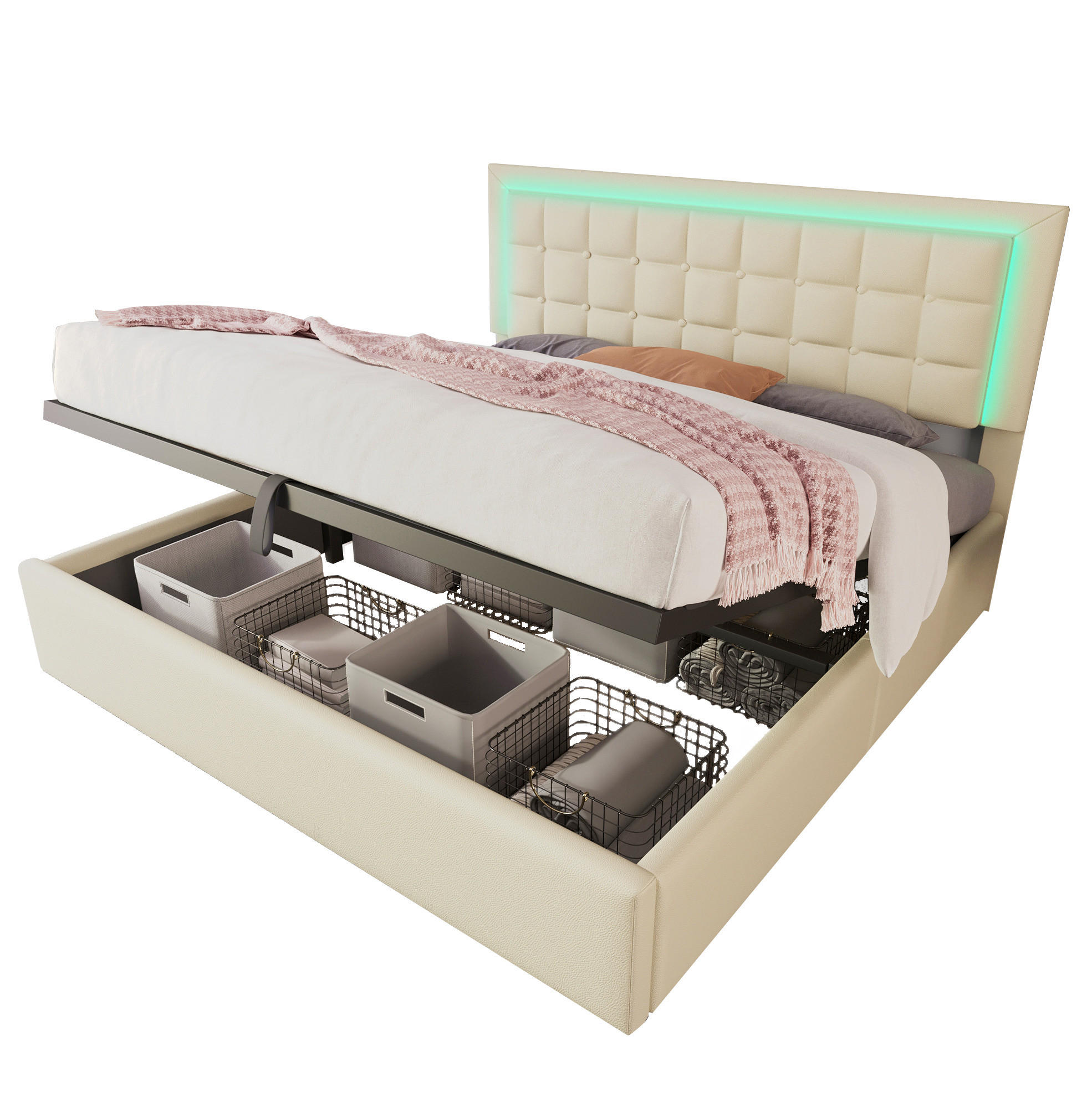 OKWISH ČALOUNĚNÁ postel 140/200 cm bílá z PU s LED osvětlením a úložným prostorem s matrací