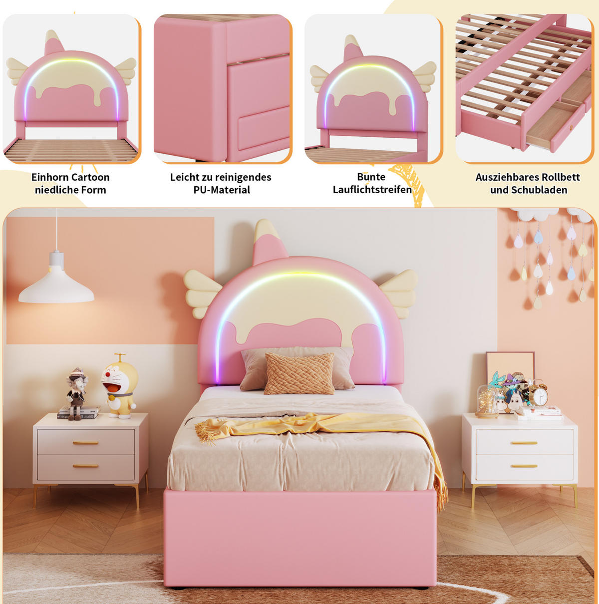 KINDERBETT 90/200 cm aus PU und MDF mit Einhorn-Kopfteil und ausziehbarem Rollbett Rosa - Rosa, Kunststoff (90/200cm) - Modenvie