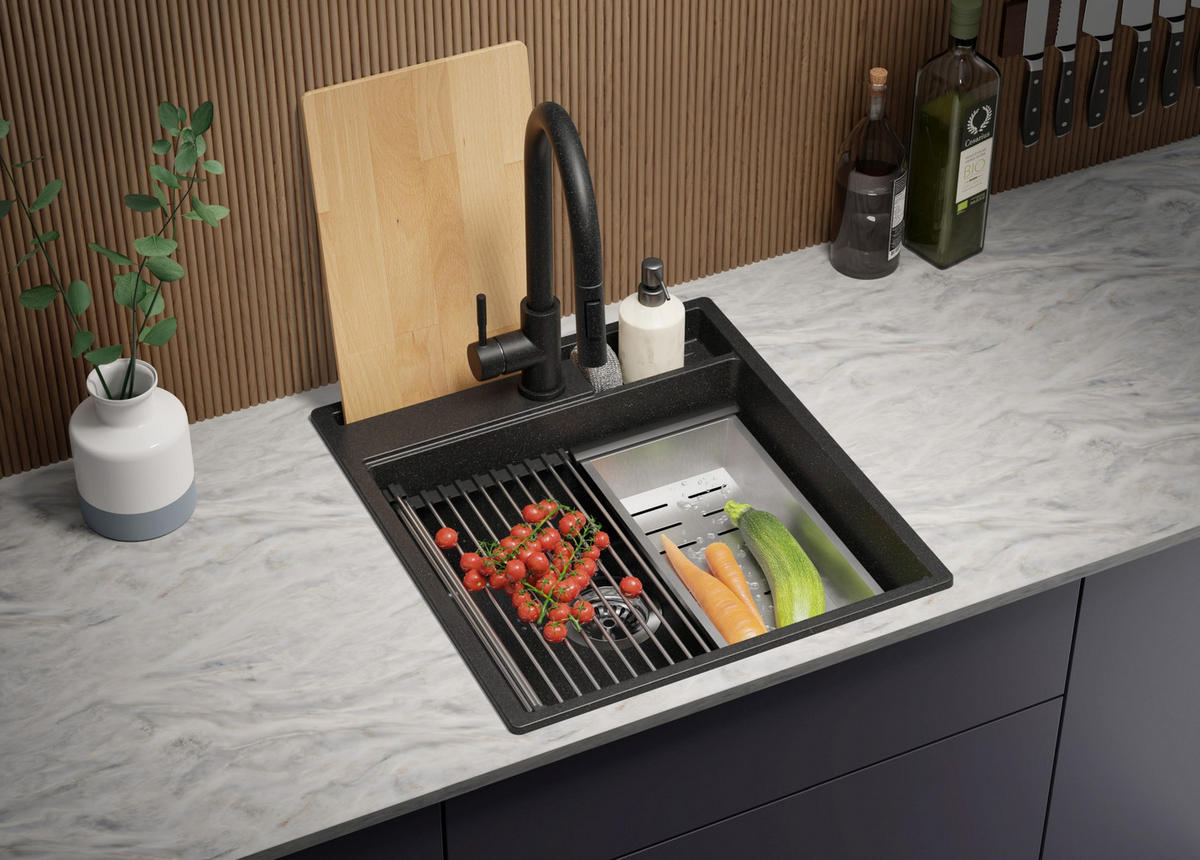 SPÜLBECKEN Oslo Pocket, 2-er set Anthrazit 48/53 cm 1 Becken + Ablauf-Set + Küchenzubehörset ab 50er Unterschrank - Chromfarben/Anthrazit, Kunststoff (48/20/53cm) - Primagran