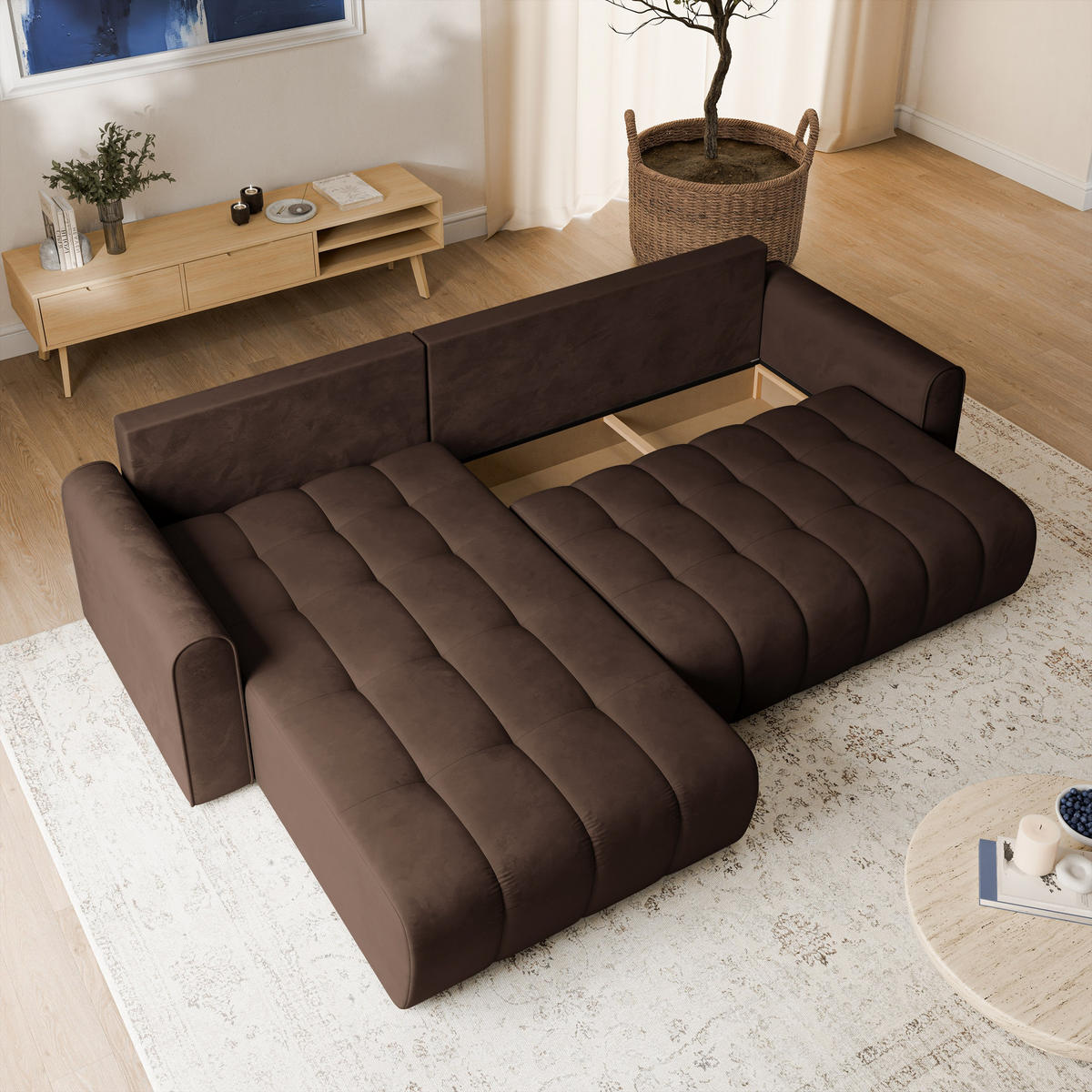 ECKSOFA FRIGA Braun Velours-Stoff mit Schlaffunktion - Braun, Holz (283/185cm) - MASSENO