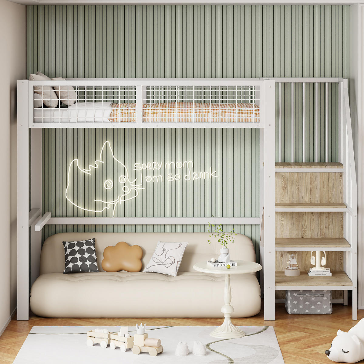 HOCHBETT 90/200 cm in Weiß mit Leiter und Kleiderschrank - Weiß, Metall (90/200cm) - Flora Grace