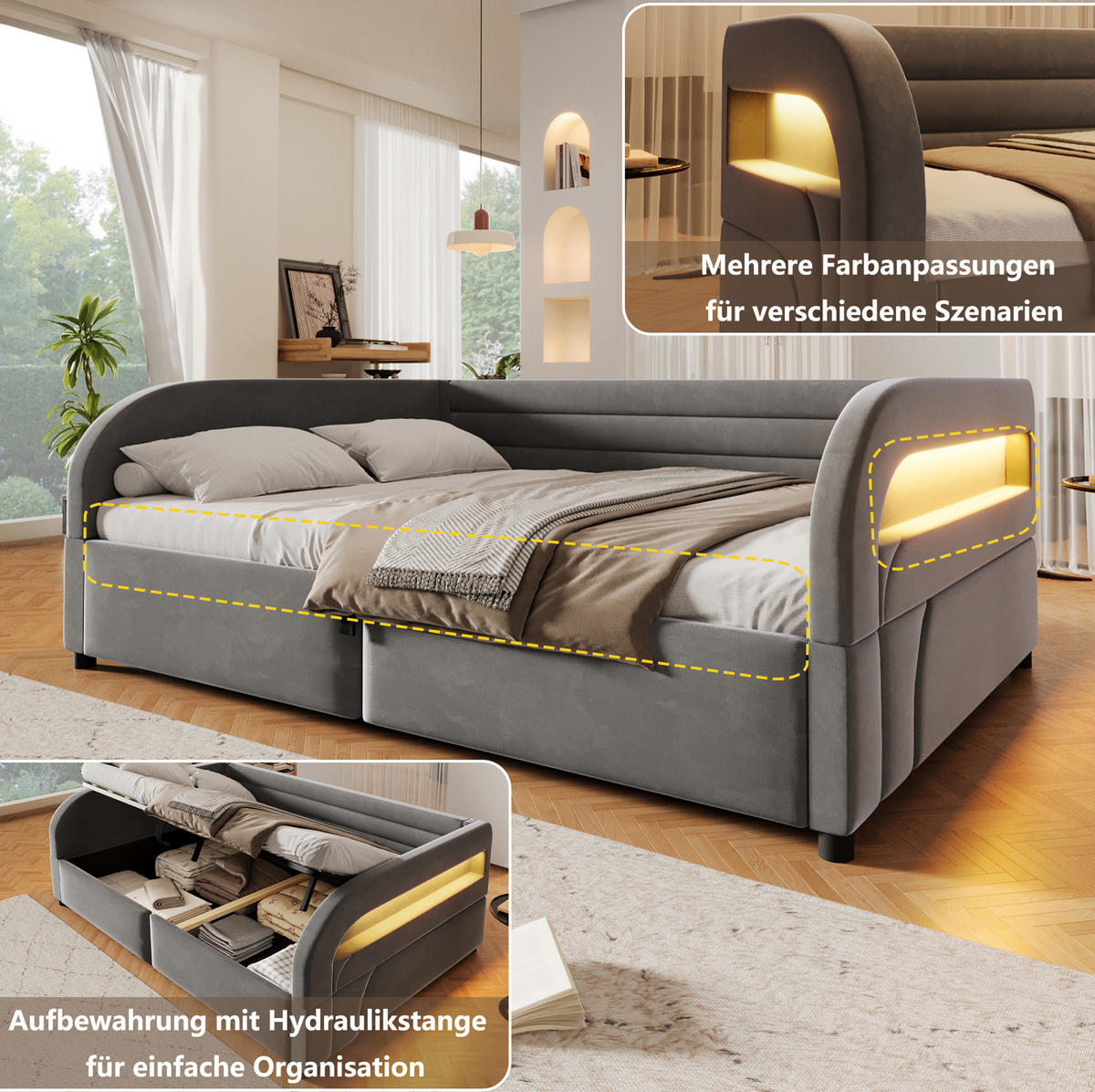 POLSTERBETT 140/200 cm Grau mit Hydraulik, LED und Stauraum - Grau, Textil (140/200cm) - MIVRAY