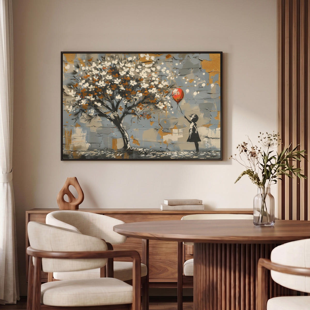 LEINWAND Bilder mit Rahmen - Baum - Graffiti - Banksy-Stil - Ballon-Mädchen - 90x60 - Blaugrau, Textil (90/60cm) - MuchoWow