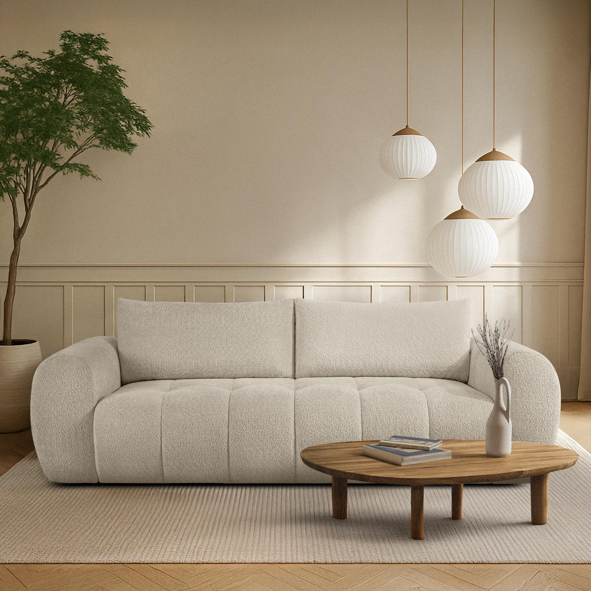 EINZELSOFA LIRA, Weiß, Bouclé - Weiß, Holz/Holzwerkstoff (256/84/112cm) - KONSIMO®