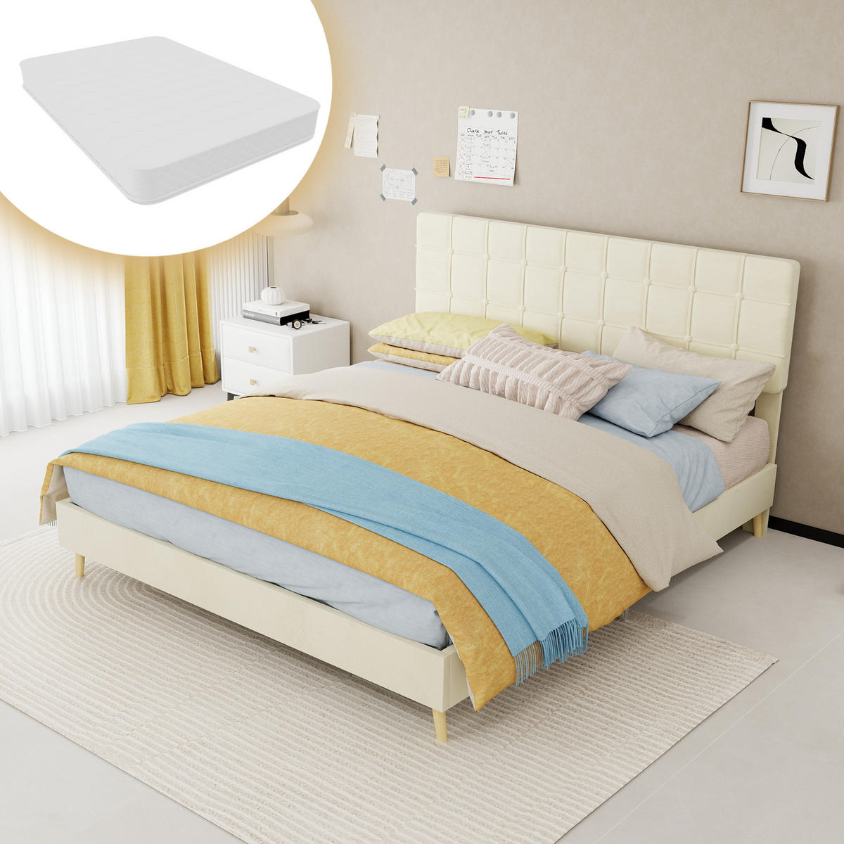 POLSTERBETT 160/200 cm DE-32955 mit Karosteppung-Kopfteil und Matratze Beige - Beige, Metall (160/200cm) - ComfortXL