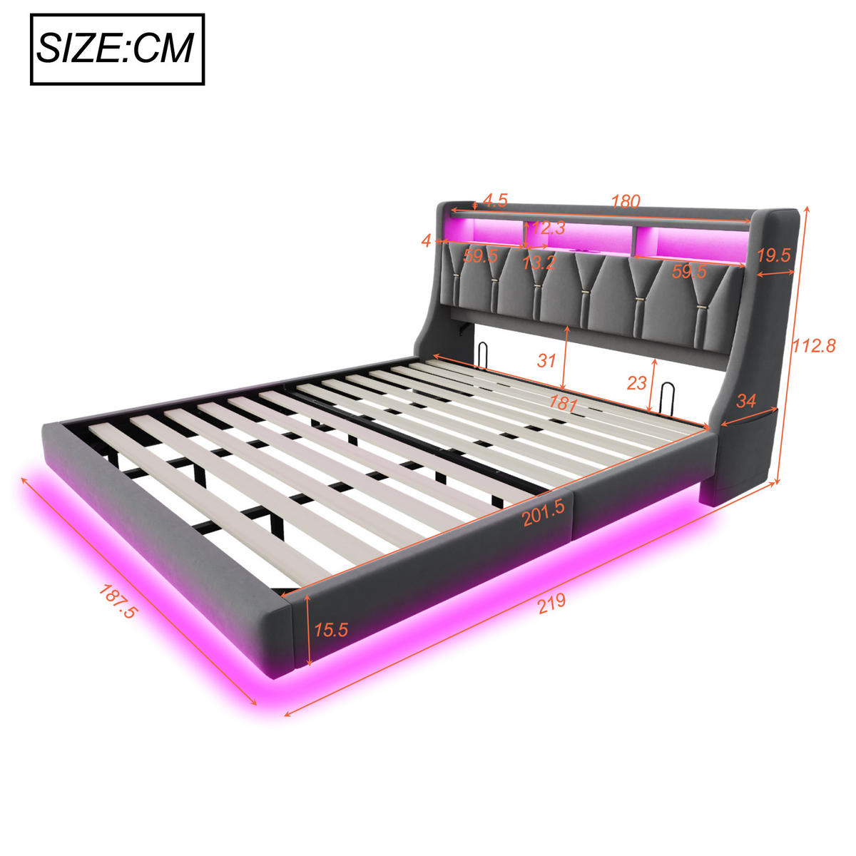 POLSTERBETT 180/200 cm DE-01666, in Grau, mit Klappkopfteil, Steckdose und LED-Beleuchtung - Grau, Holzwerkstoff (180/200cm) - ComfortXL