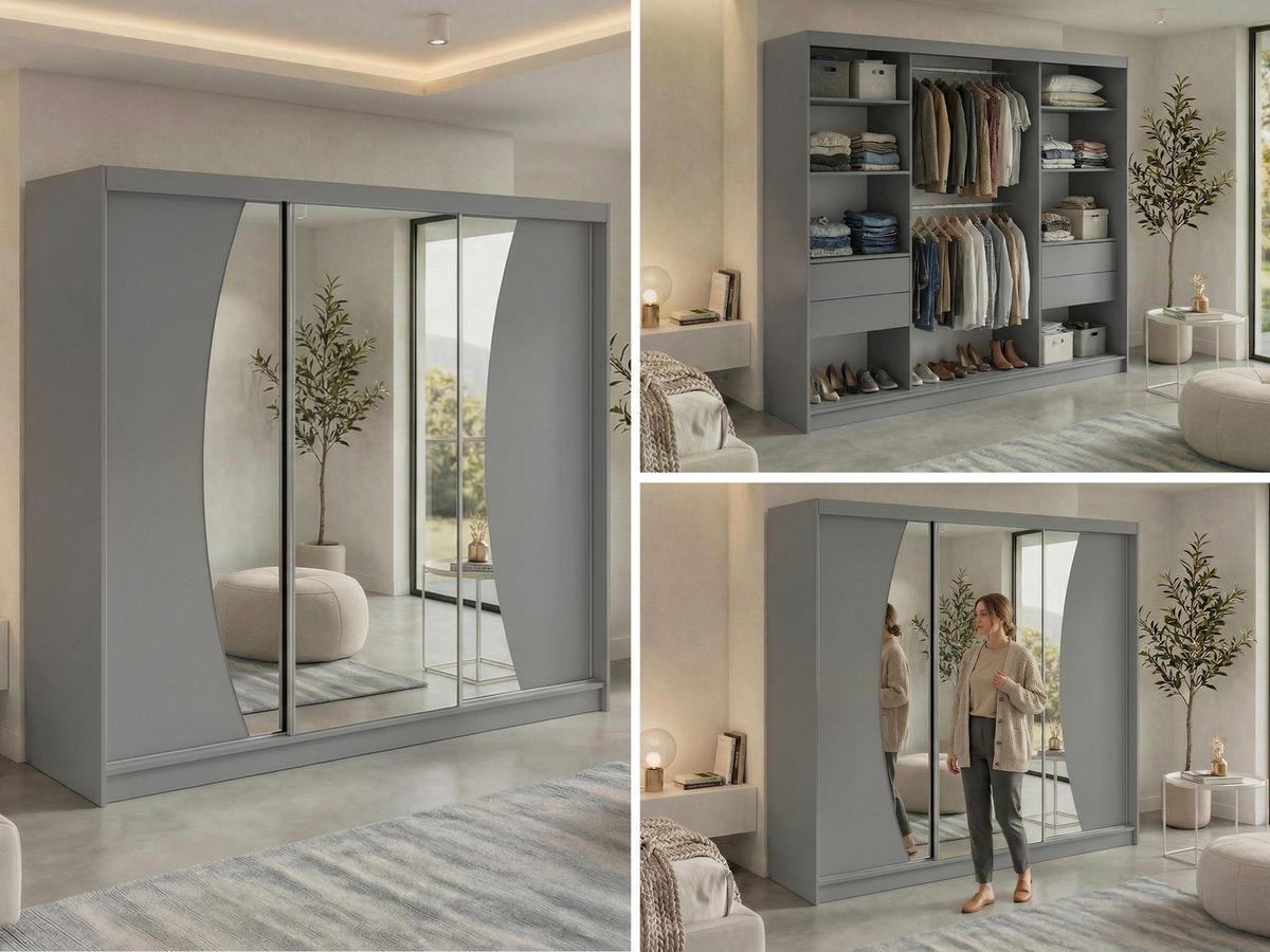 SCHWEBETÜRENSCHRANK mit Schubladen 240 - VERONA - Grau mit Spiegel - Alufarben/Grau, Holzwerkstoff/Metall (240/216/61cm) - MKS