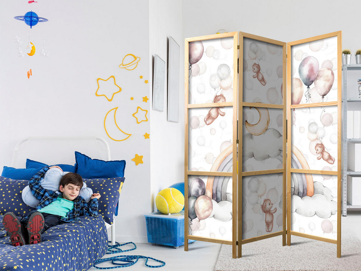 PARAVENT Japanischer 3-tlg 135x172 cm Teddyb ren und Ballons - Multicolor, Holz/Textil (135/172/3cm) - Muralo