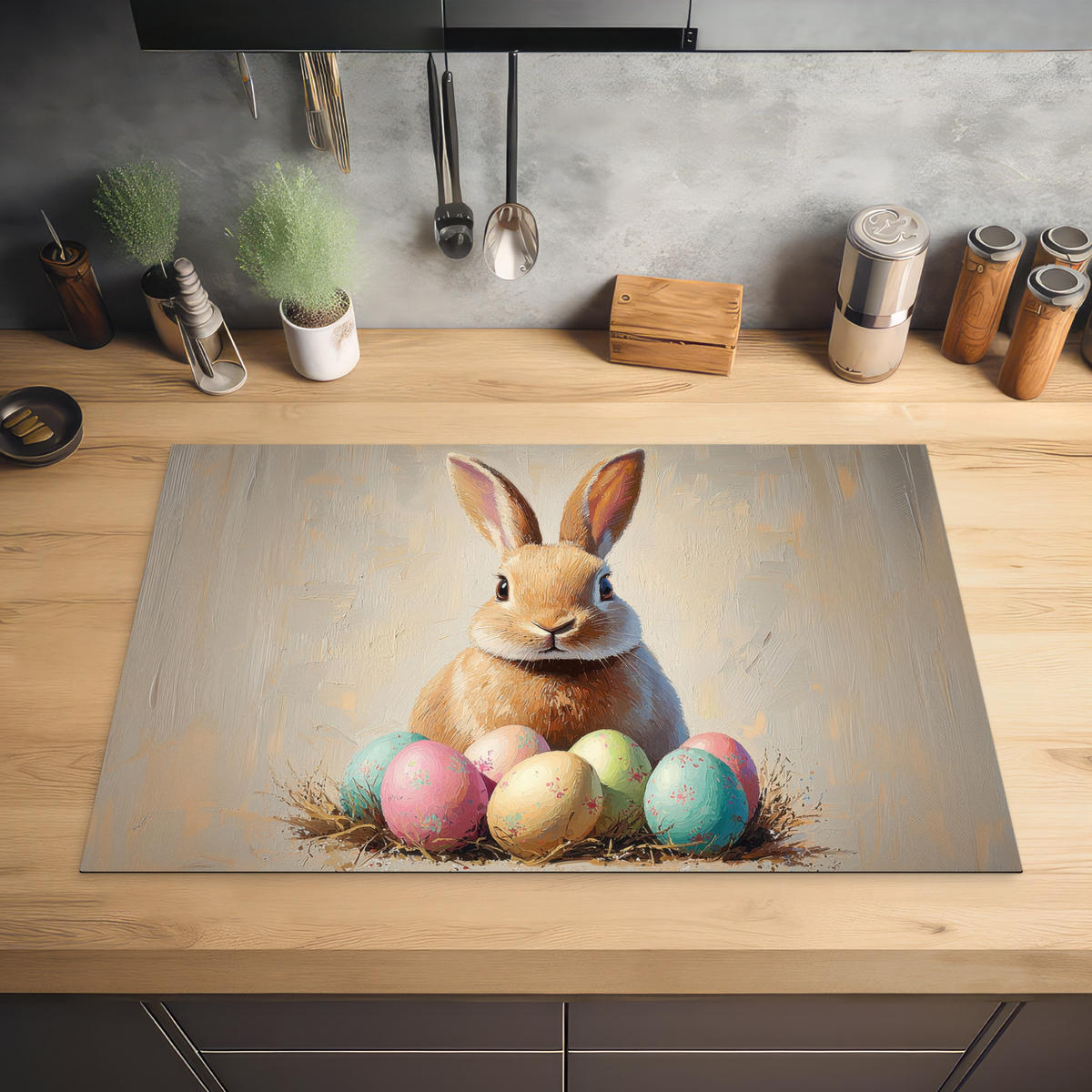 HERDABDECKPLATTE Osterhase - Pastell - Eier Induktionsschutz 81.6x52.7 cm - Beige, Kunststoff (81.6/52.7/0.2cm) - MuchoWow