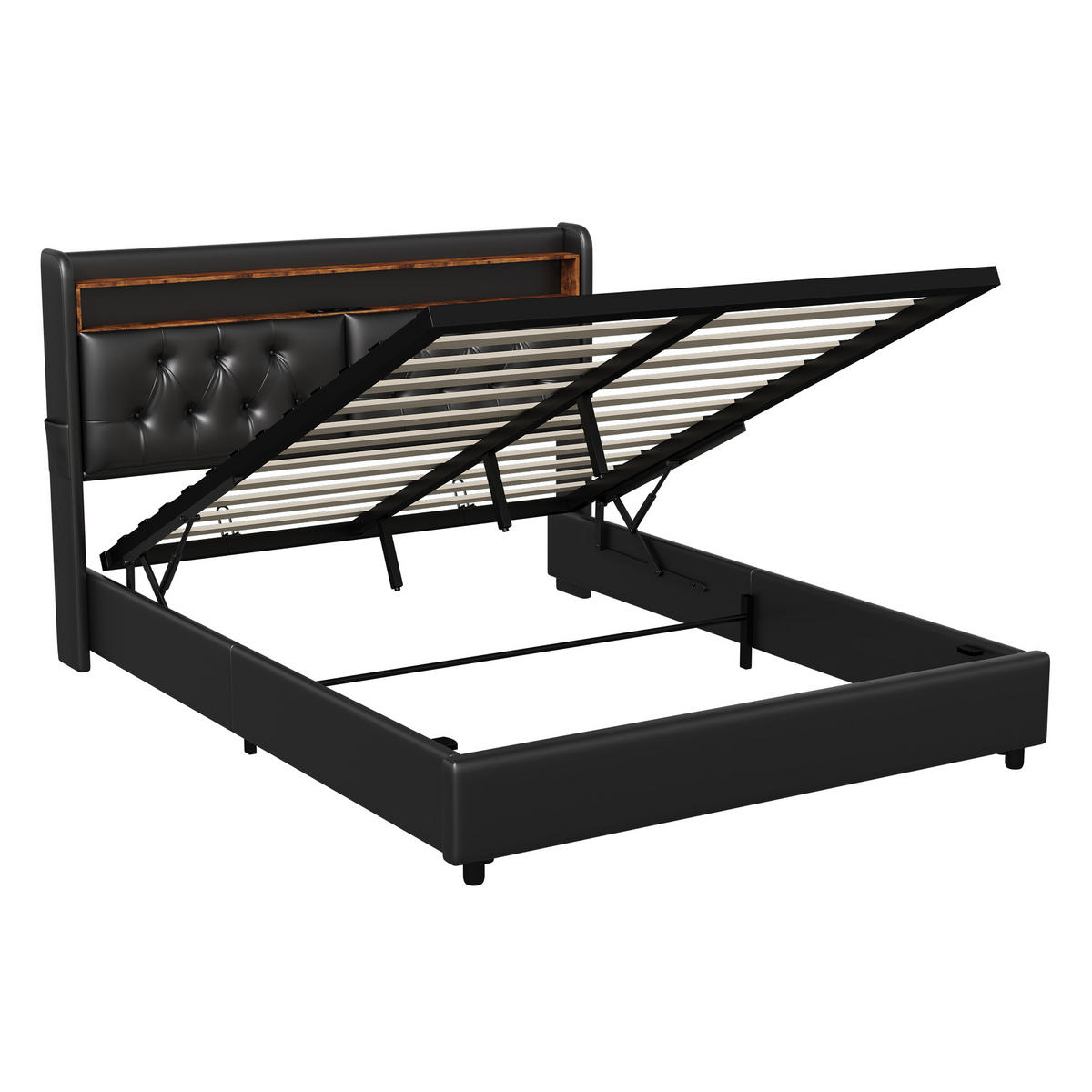 POLSTERBETT 180x200 cm, Schwarz, LED-Beleuchtung und Steckdosen - Schwarz, Textil/Metall (180/200cm)