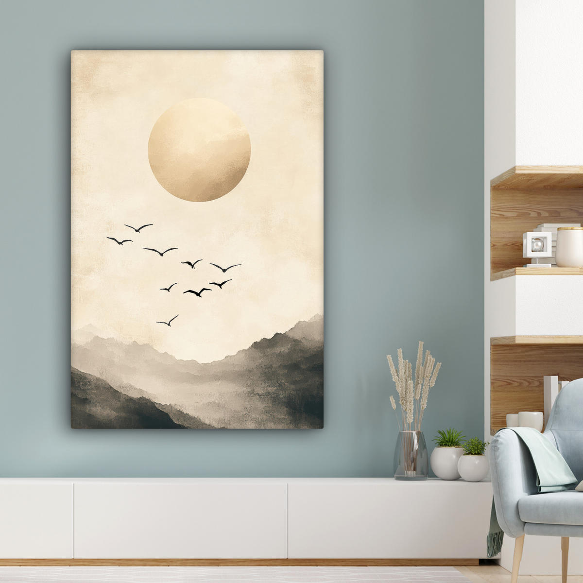 LEINWANDBILD Landschaft - Japandi - Vogel 80x120 cm - Beige, Textil (80/120cm) - MuchoWow