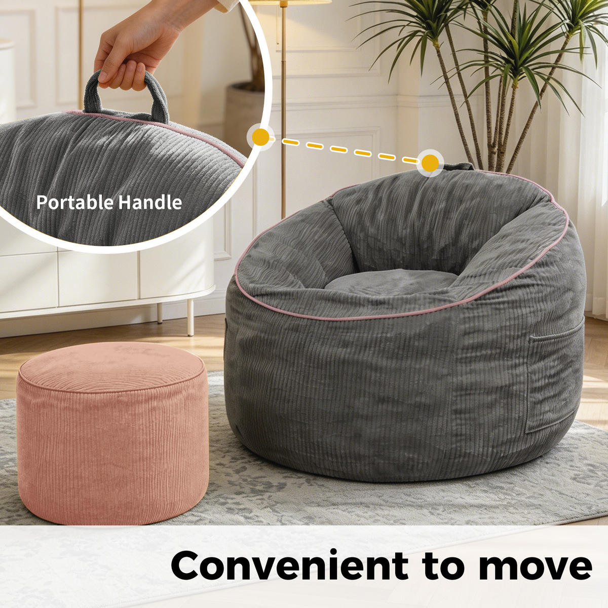 SITZSACK mit Seitentasche und Hocker Grau Flanell - Grau, Kunststoff (95/80/103cm) - Meubliv