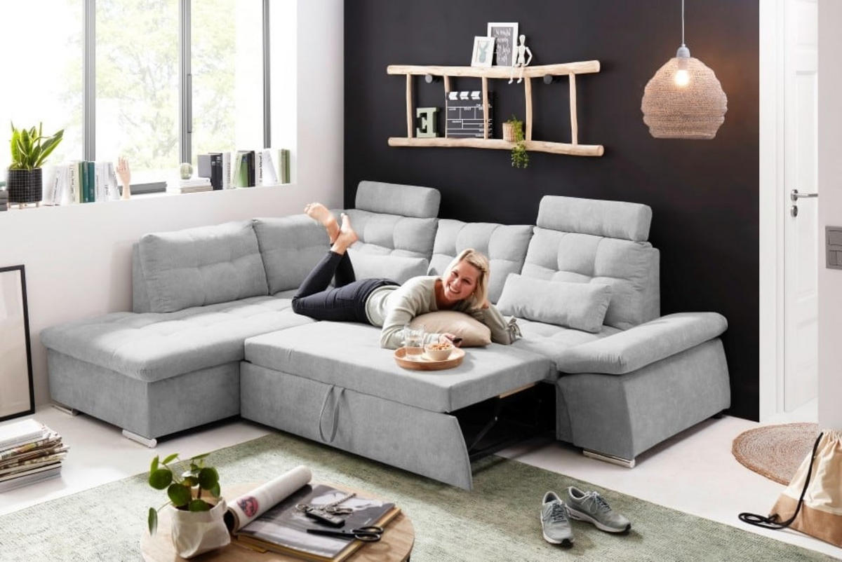 ECKSOFA mit Schlaffunktion, Bettkasten und verstellbarer Armlehne - Chromfarben/Silberfarben, Textil (260/219cm) - ed exciting design