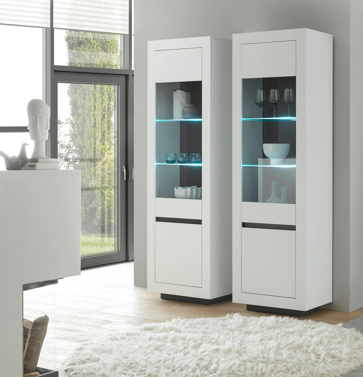 VITRINE weiß, anthrazit, Vitrinenschrank mit viel Stauraum - Weiß Hochglanz/Anthrazit, Glas/Holz (64/206/38cm) - Furn.Design