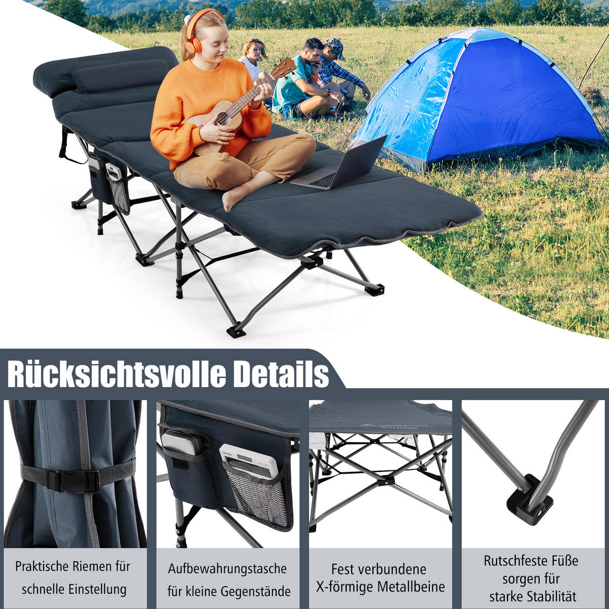 CAMPINGBETT Mit Matratze+Kissen Blau - Blau, Metall - COSTWAY