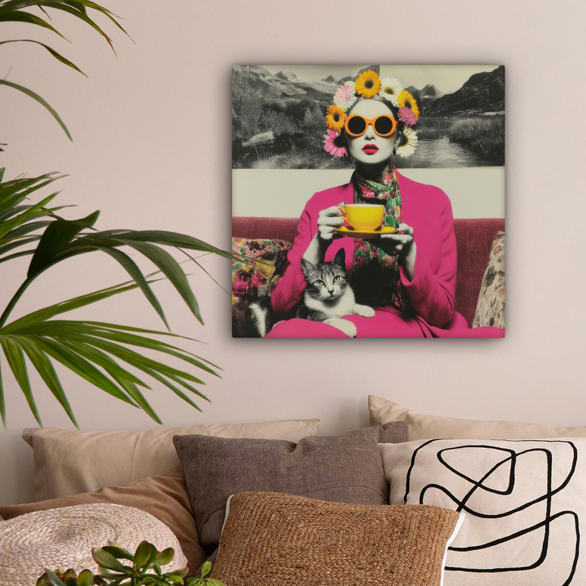 LEINWANDBILD Frau - Katze - Blumen - Tasse - Retro Wandbild Wohnzimmer 50x50 cm - Magenta, Textil (50/50cm) - MuchoWow