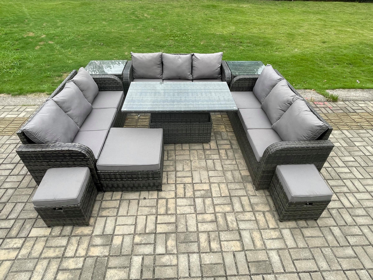 GARTENSOFA SET Polyrattan 12-Sitzer - Dunkelgrau/Grau, Glas/Kunststoff - Fimous