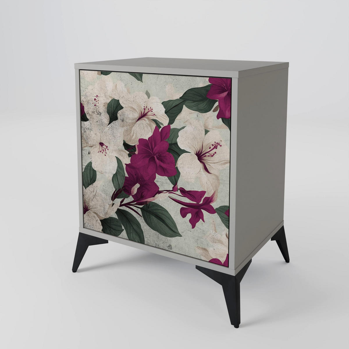 SIDEBOARD FLOWERET DREAM, Grau, 57,5x42x67,5 cm, Schwarze Metall-Rahmenfüße - Multicolor/Schwarz, Holzwerkstoff/Metall (57.5/67.5/42cm) - SpaceRebels