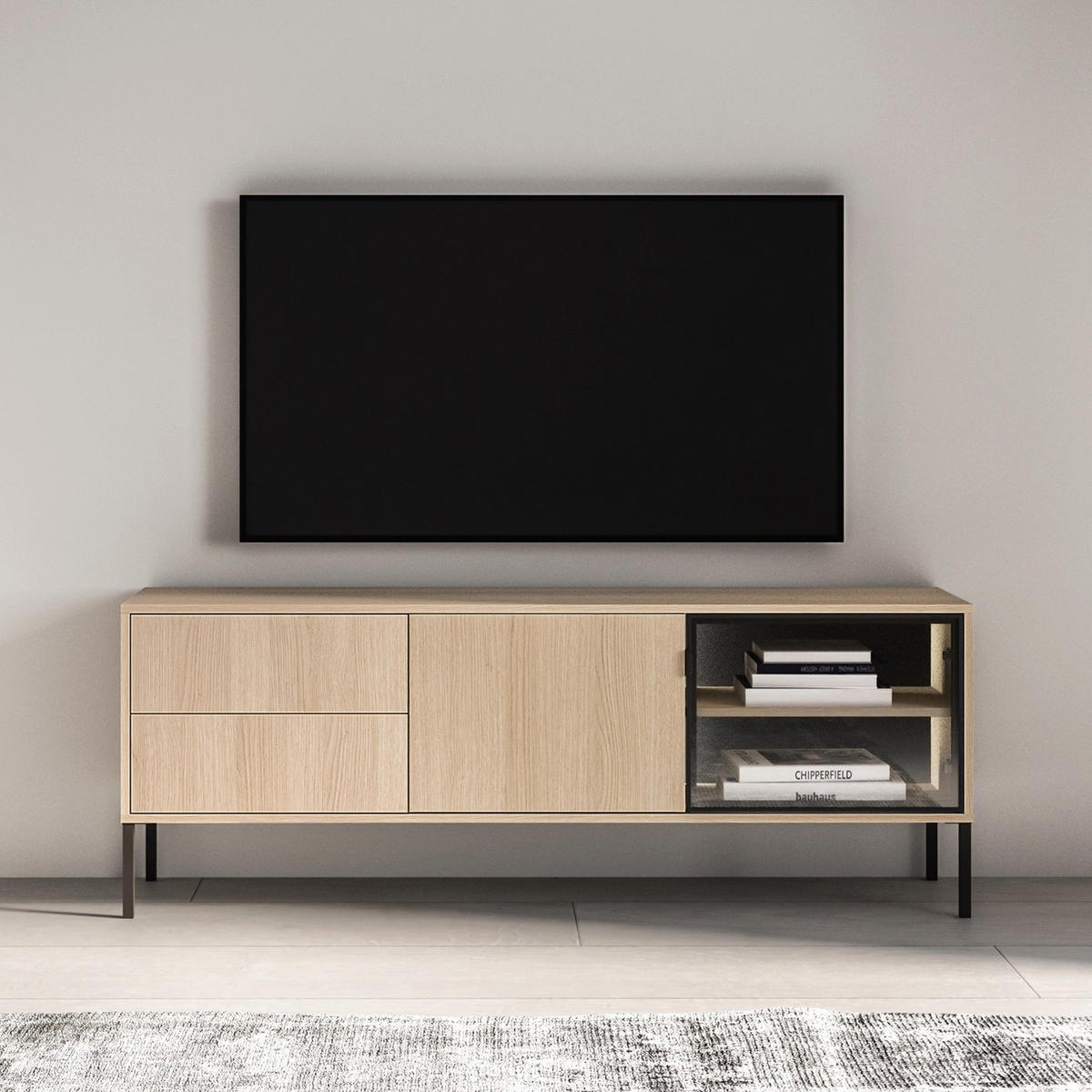 TV-LOWBOARD Barnee mit beleuchteter Glasvitrine, Eichenholzoptik, 160 cm - Beige/Schwarz, Holzwerkstoff/Metall (160/58.9/40cm) - Selsey