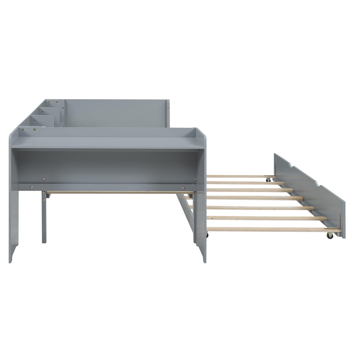 OTROŠKA postelja iz bora in MDF 90x200 cm siva z izvlečnim ležiščem, pisalno mizo in tremi policami - siva, les (90/200cm) - Modfu