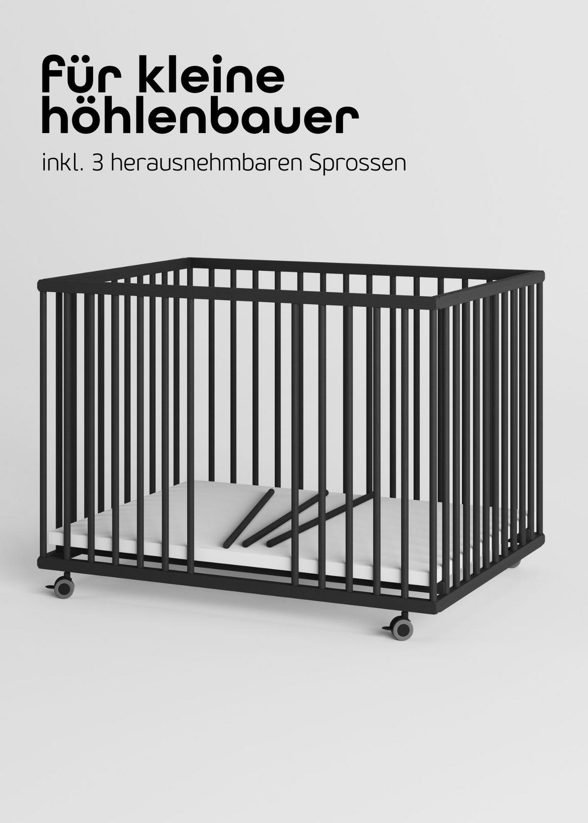 LAUFGITTER 75x100 cm mit Matratze Cloud Air, Schlupfsprossen & Lattenrost - Black Edition - Premium Kollektion - Schwarz, Holz (100/74/75cm) - Sämann – make a difference.