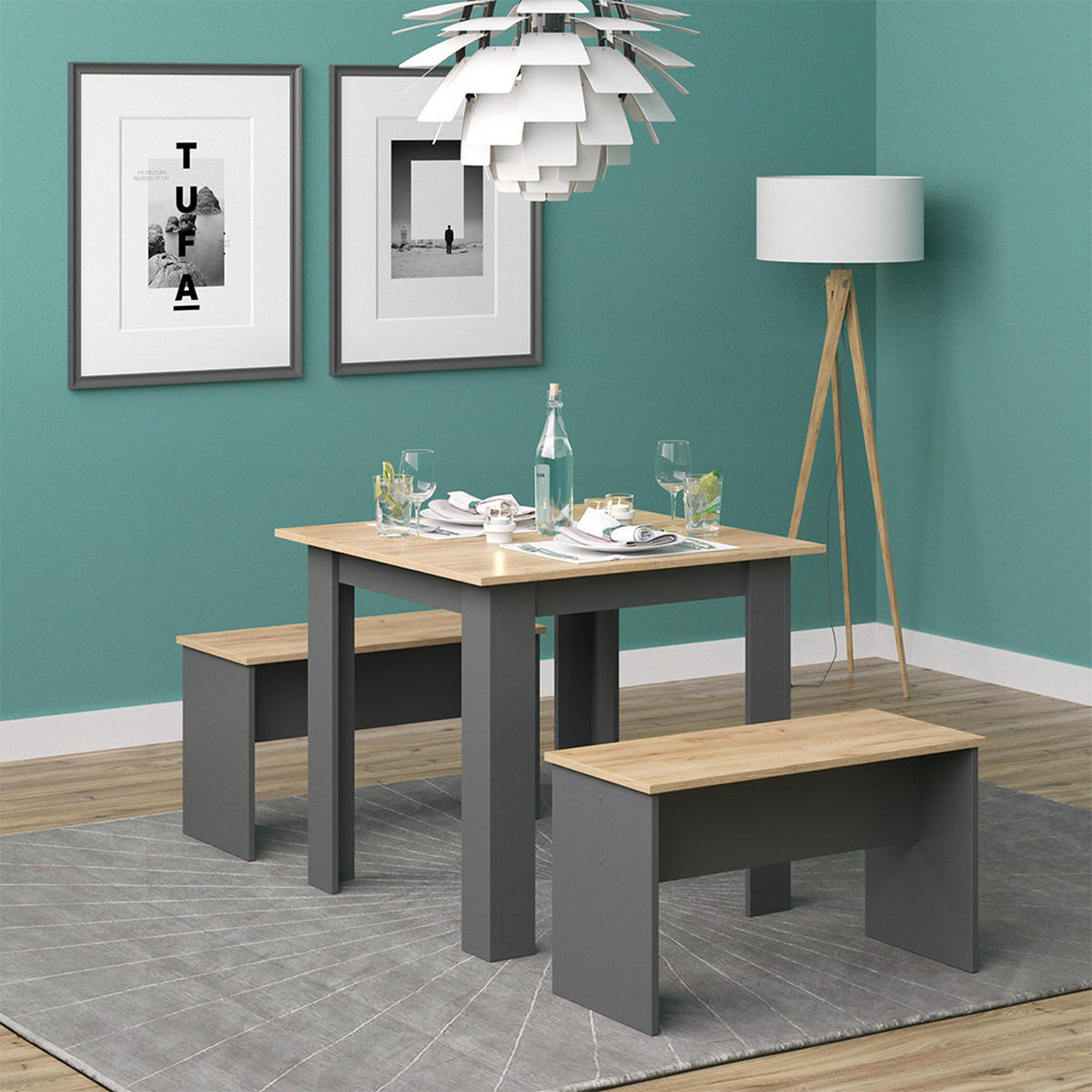 ESSTISCH SET Sentio Anthrazit 80 x 80 cm mit 2 Bänken - Anthrazit, Holzwerkstoff (80/73/80cm) - Vicco