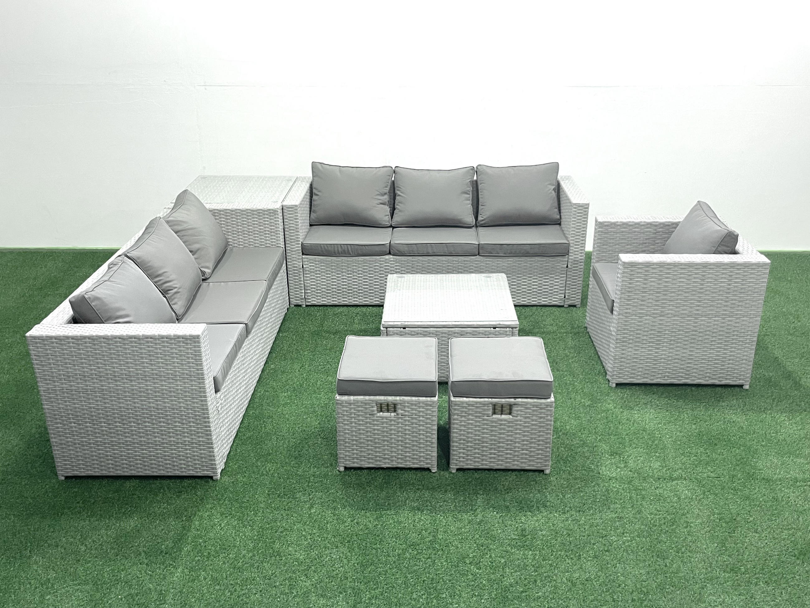 GARTENMÖBEL-SET mit Kissen Polyrattan Hellgrau-Mix 9-Sitzer - Hellgrau/Grau, Glas/Kunststoff - Fimous