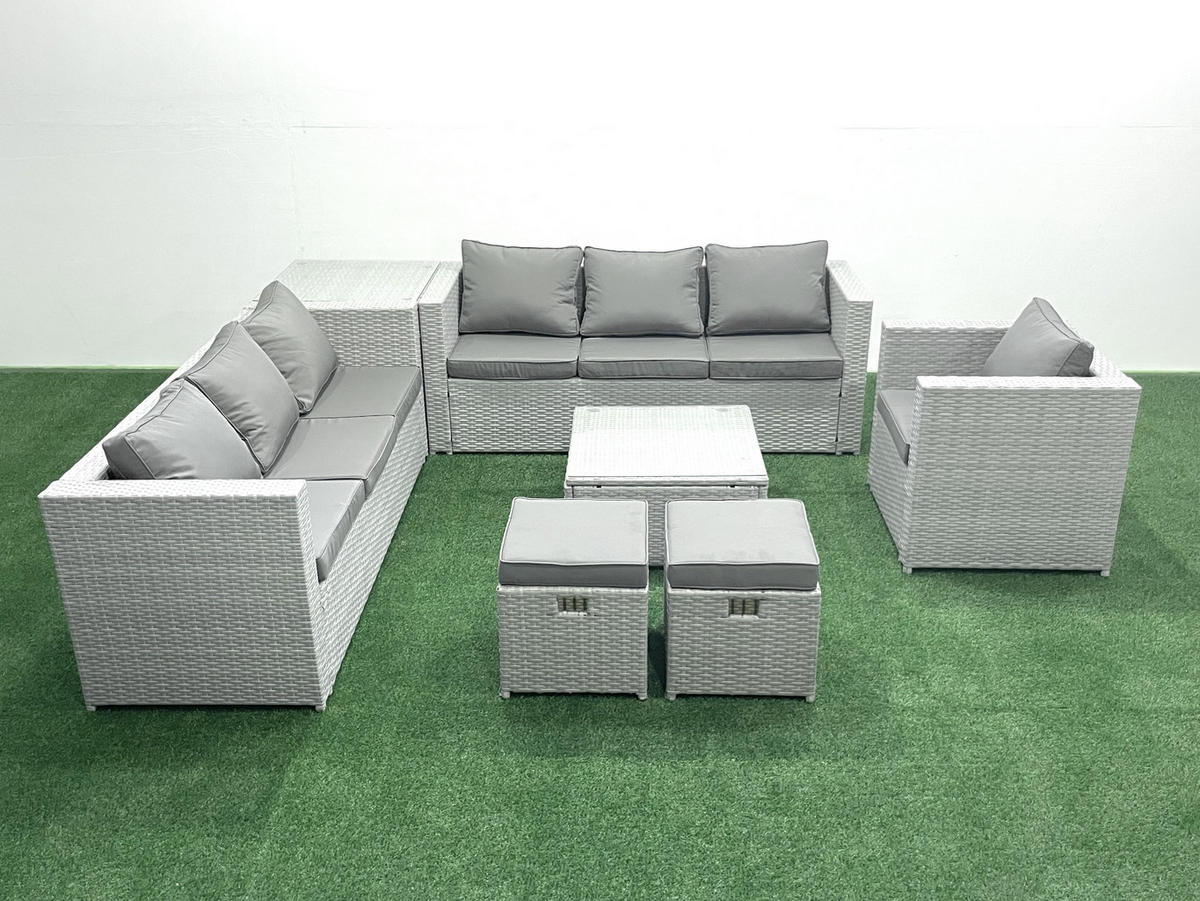 GARTENMÖBEL-SET mit Kissen Polyrattan Hellgrau-Mix 9-Sitzer - Hellgrau/Grau, Glas/Kunststoff - Fimous