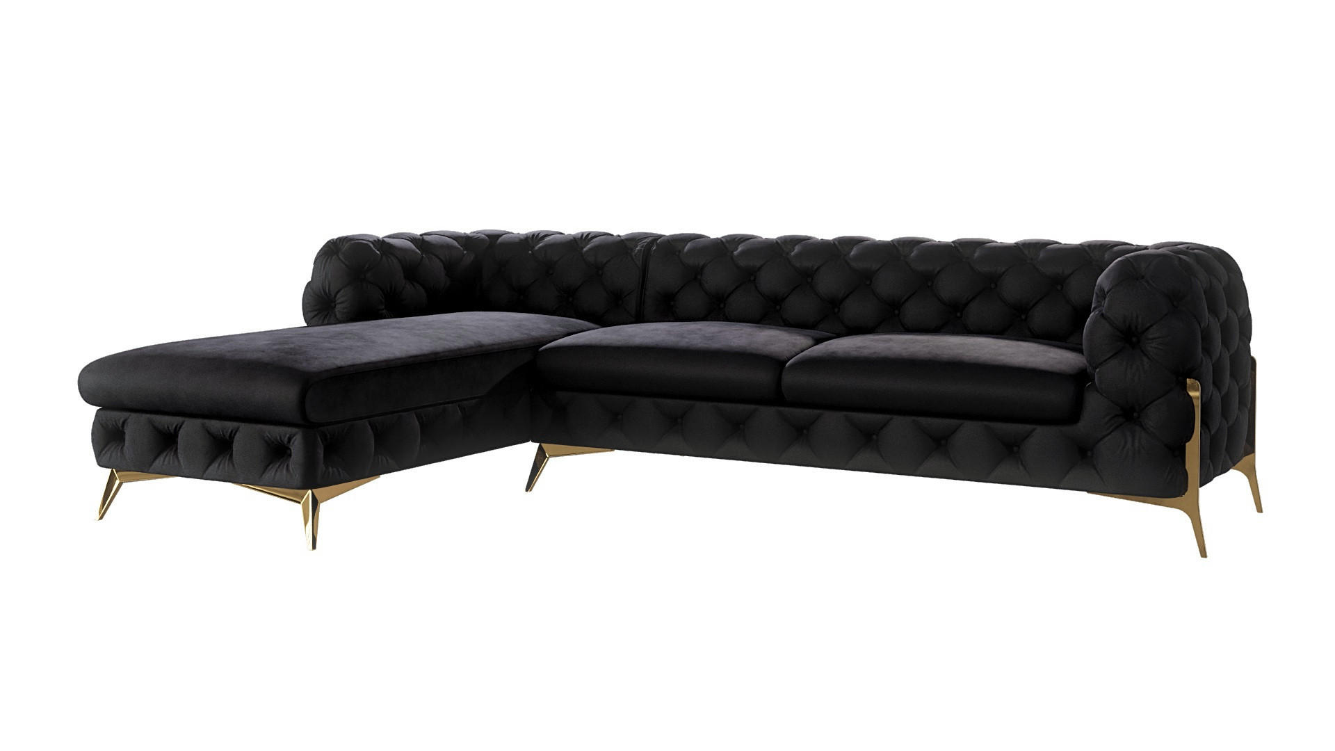 S-Style CHESTERFIELD ROHOVÁ SEDAČKA Lexi z černého sametu se zlatými nohami - otomán vlevo