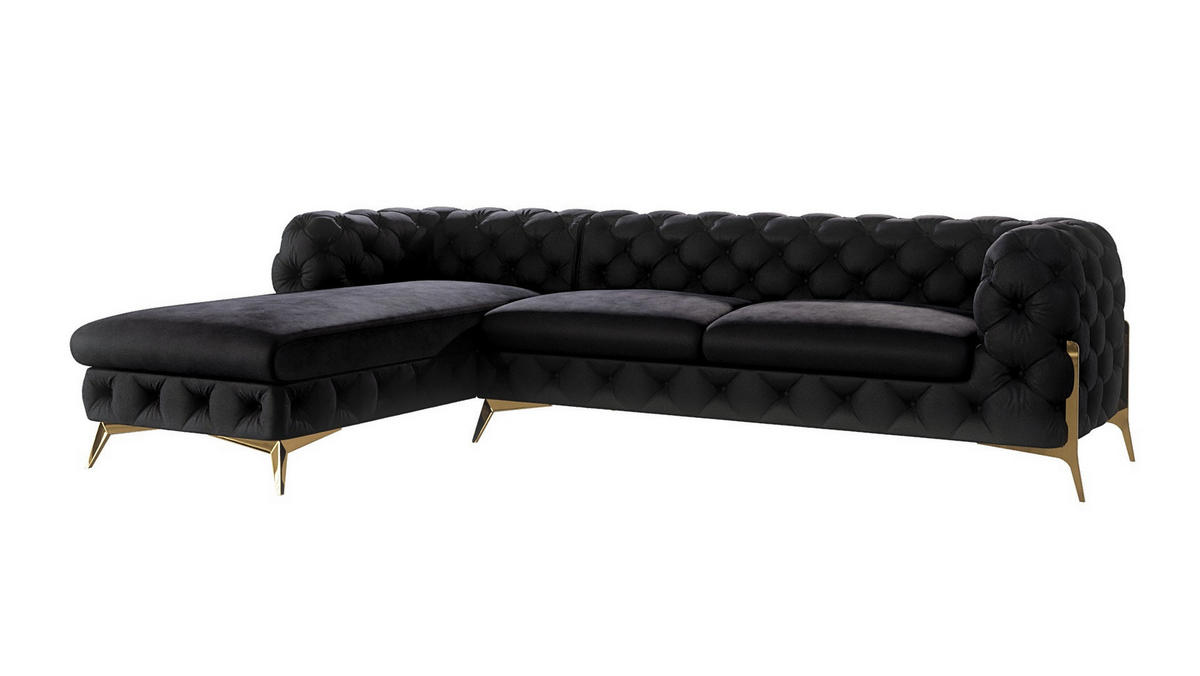 ECKSOFA Chesterfield Lexi Schwarz Samt, Ottomane links - Goldfarben/Schwarz, Holz/Textil (305/200cm) - S-Style Möbel