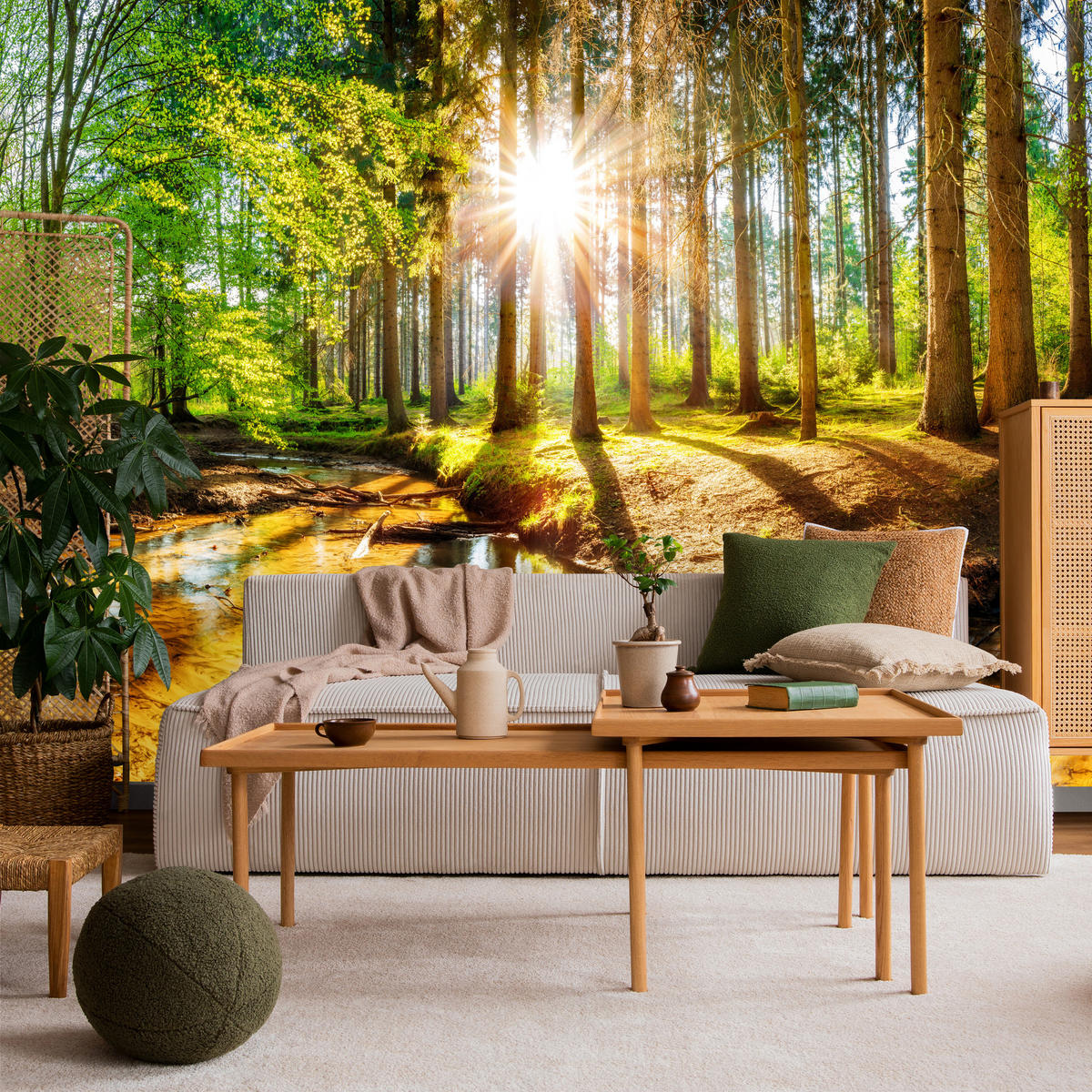 FOTOTAPETE für Wohnzimmer Pflanzen Natur Gras Sonniger Wald Bäume 400x280 - Multicolor, Papier (400/280cm) - Muralo